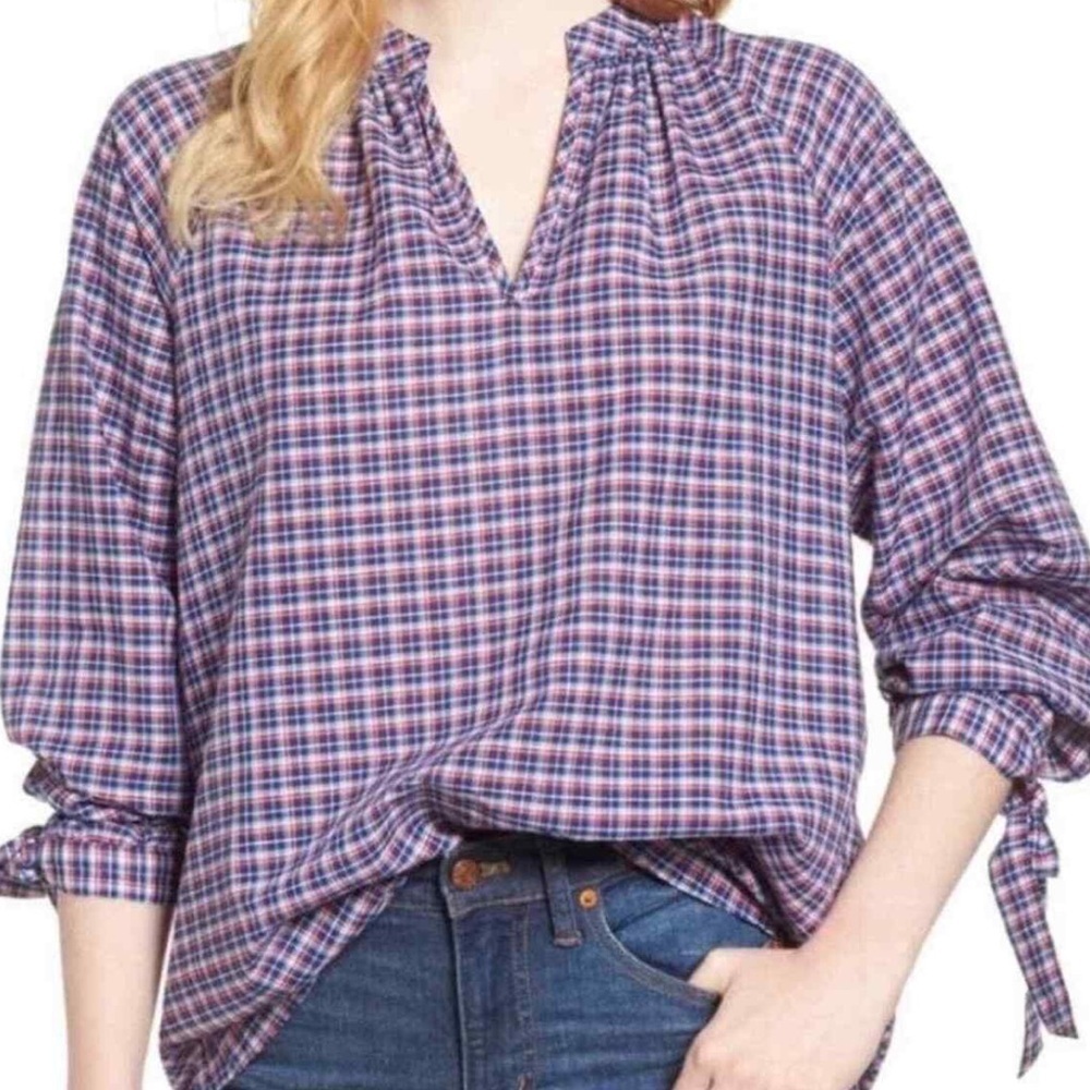Madewell 79 cotton 21 linen L popover plaid blouse red blue white tie sleeves
